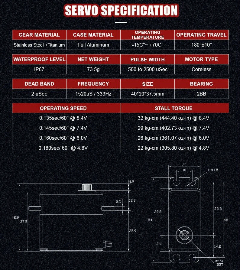32KG HV AGF-RC A73CHLW Full Metal Case Waterproof Coreless Servo 7 32KG HV AGF-RC A73CHLW Full Metal Case Waterproof Coreless Servo - Image 5