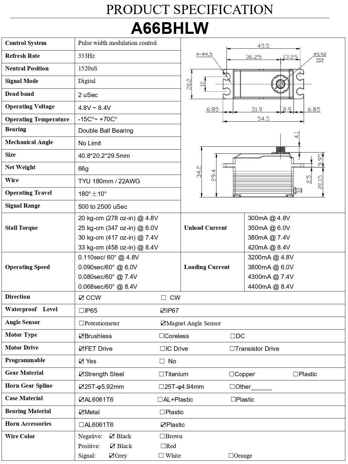 Brushless Servo 33KG HV AGF-RC A66BHLW Full Metal Case Low Profile High Voltage 5 Brushless Servo 33KG HV AGF-RC A66BHLW Full Metal Case Low Profile High Voltage - Image 3