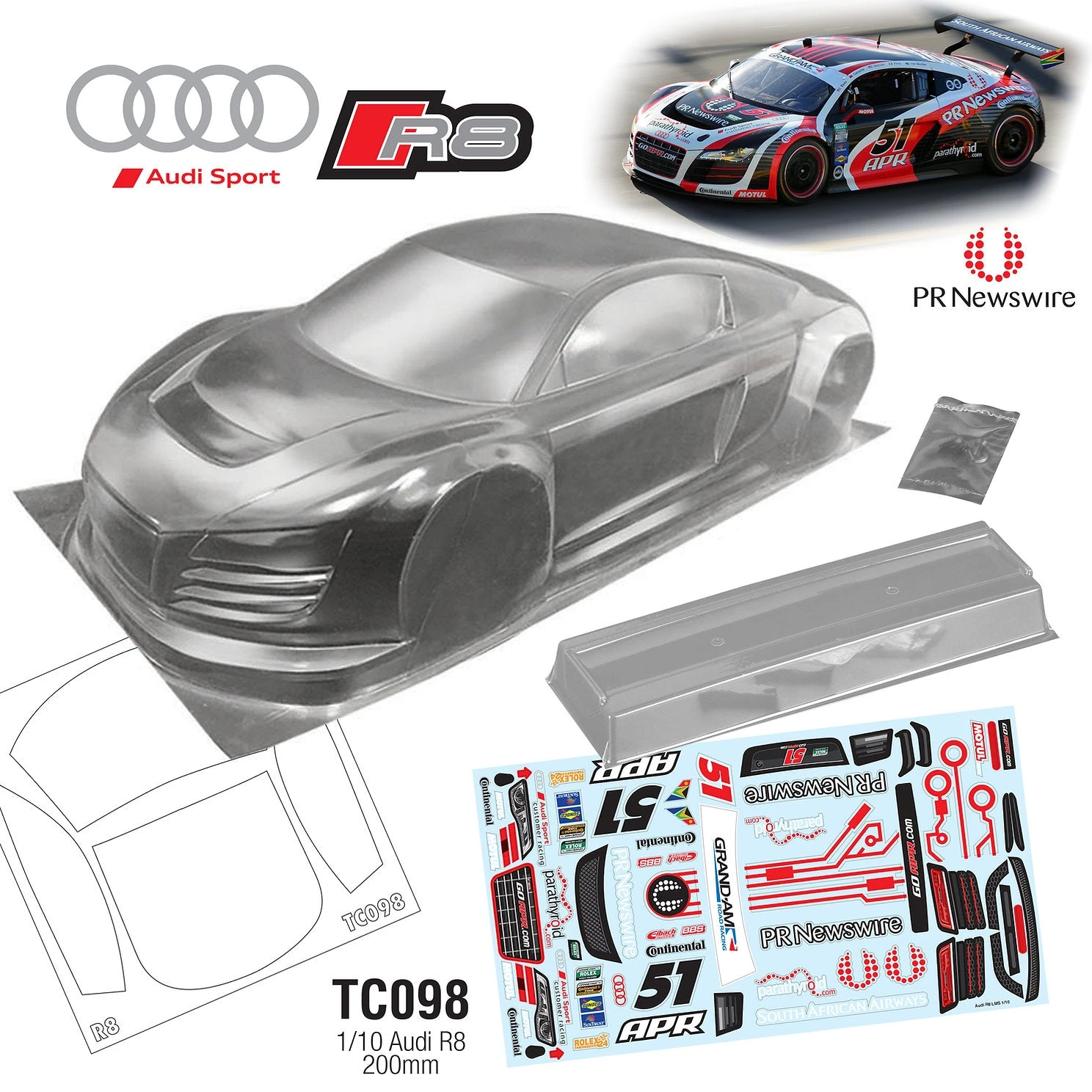 TC098 1/10 Audi R8 APR 51 195mm TT01 TT02 Drift To Fit HPI TAMIYA MST