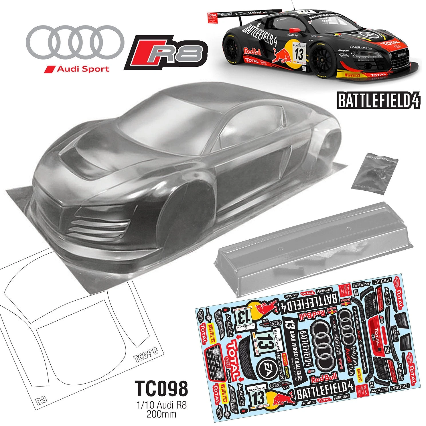 TC098 1/10 Audi R8 Battlefield 195mm TT01 TT02 Drift To Fit HPI TAMIYA MST